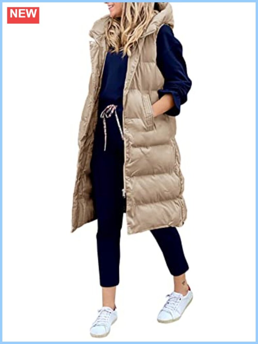 Long Hooded Down Puffer Vest Full-Zip Sleeveless